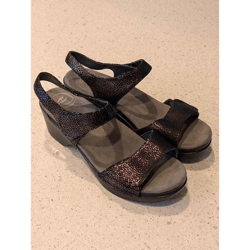 Dansko Sonnet Sandals Sz 40 EU 9 US Black Leopard Shimmer Metallic Leather Wedge